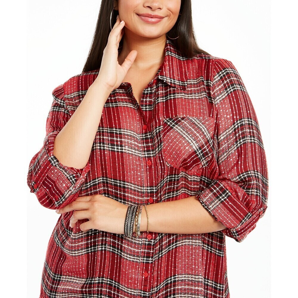 Style & Co Collared Button Sequin Highlight Shirt In Red Plaid Plus Size 1X